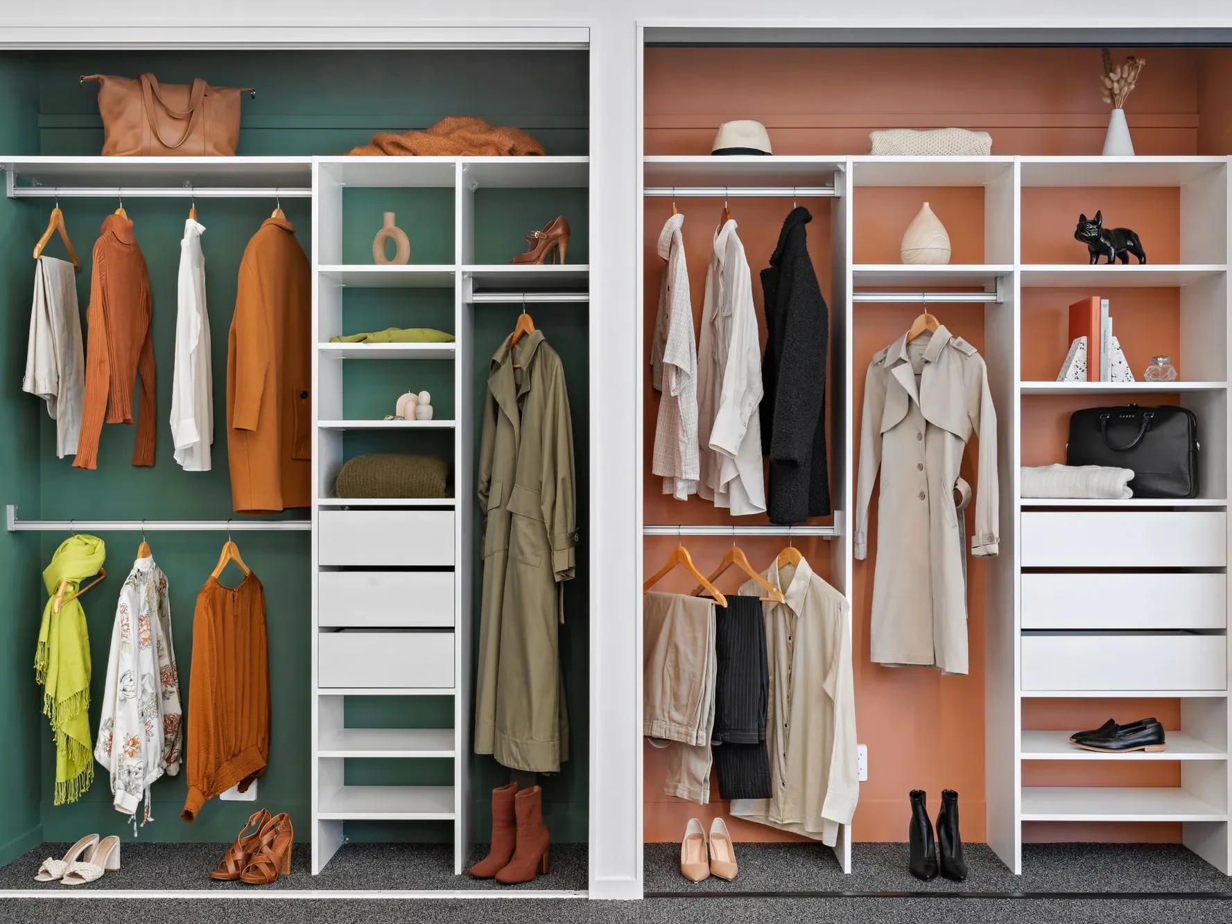 Flex wardrobe design, two reach-in wardrobes with coloured back walls