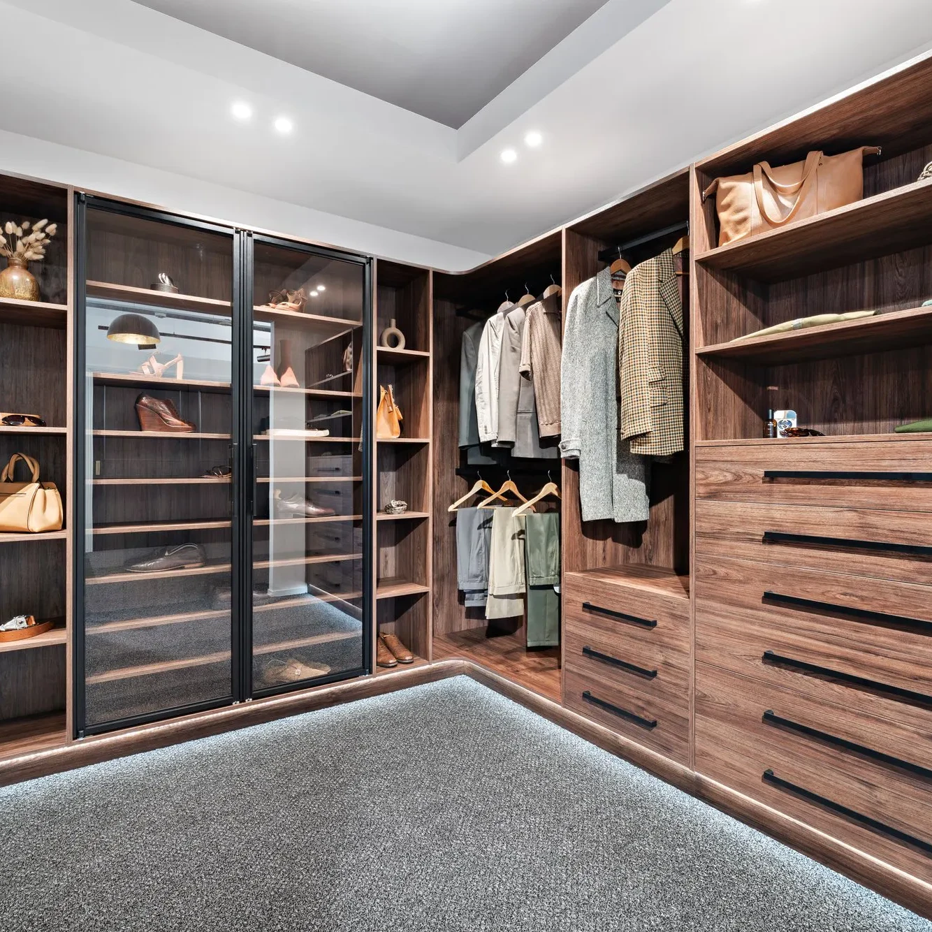 Luxe walk-in wardrobe design in Prime Hickory Walnut