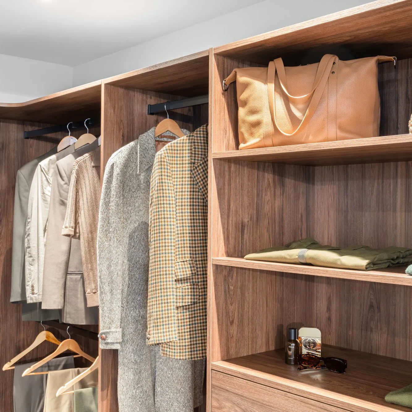 Luxe walk-in wardrobe design in Prime Hickory Walnut