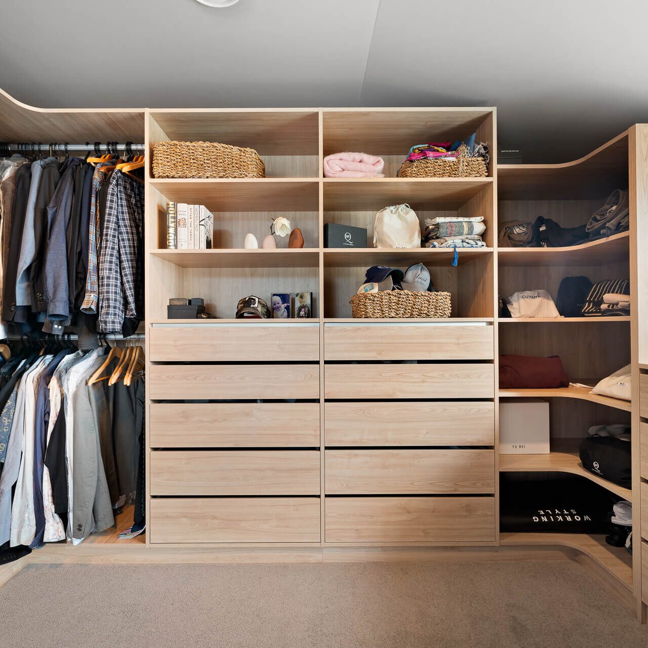 Luxe walk-in wardrobe organiser in light woodgrain colour