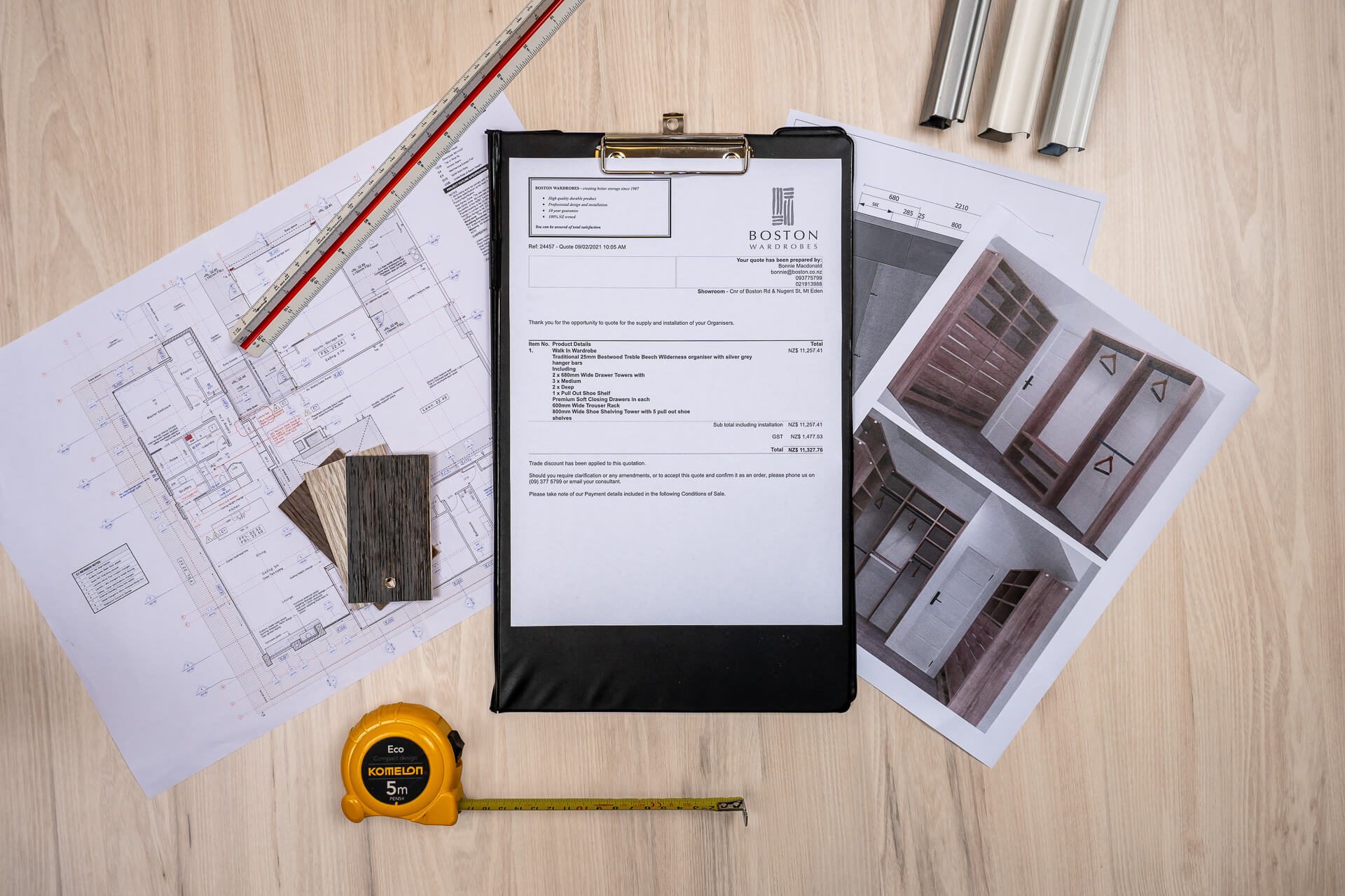 Image showing architectural plans, wardrobe drawings, a quote, tape measure and ruler