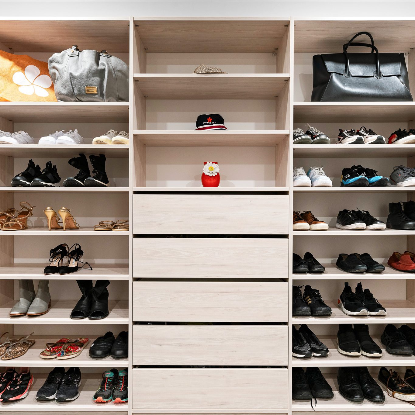 Flex walk-in wardrobe organiser in light woodgrain colour, showing two shoe towers, a drawer tower